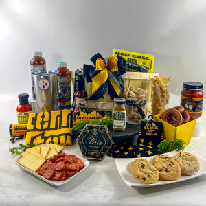 Pittsburgh Steeler gift that features Steeler themed merchandise and local Pittsburgh snacks, cookies and chocolates.
