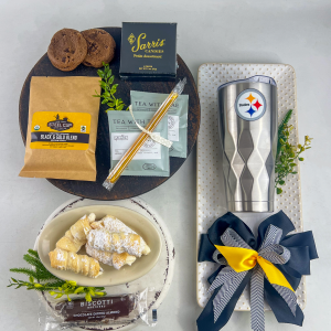 This is a Pittsburgh Steeler themed gift that include a stainless steel travel mug with a lid, coffee, lady locks, sarris chocolates, chocolate cookies.