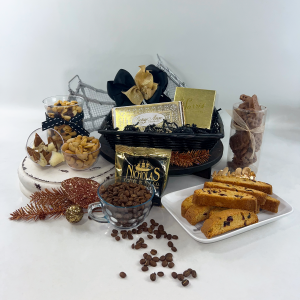This is gift that is full of chocolate, coffee, nuts, biscotti and more. It has a classy presentation - black and gold.