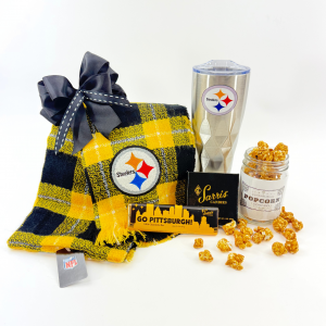 Pitttsburgh Steelers Scarf, Steelers Travel Mug Stainless Steel, Sarris Candy and Pittsburgh Popcorn