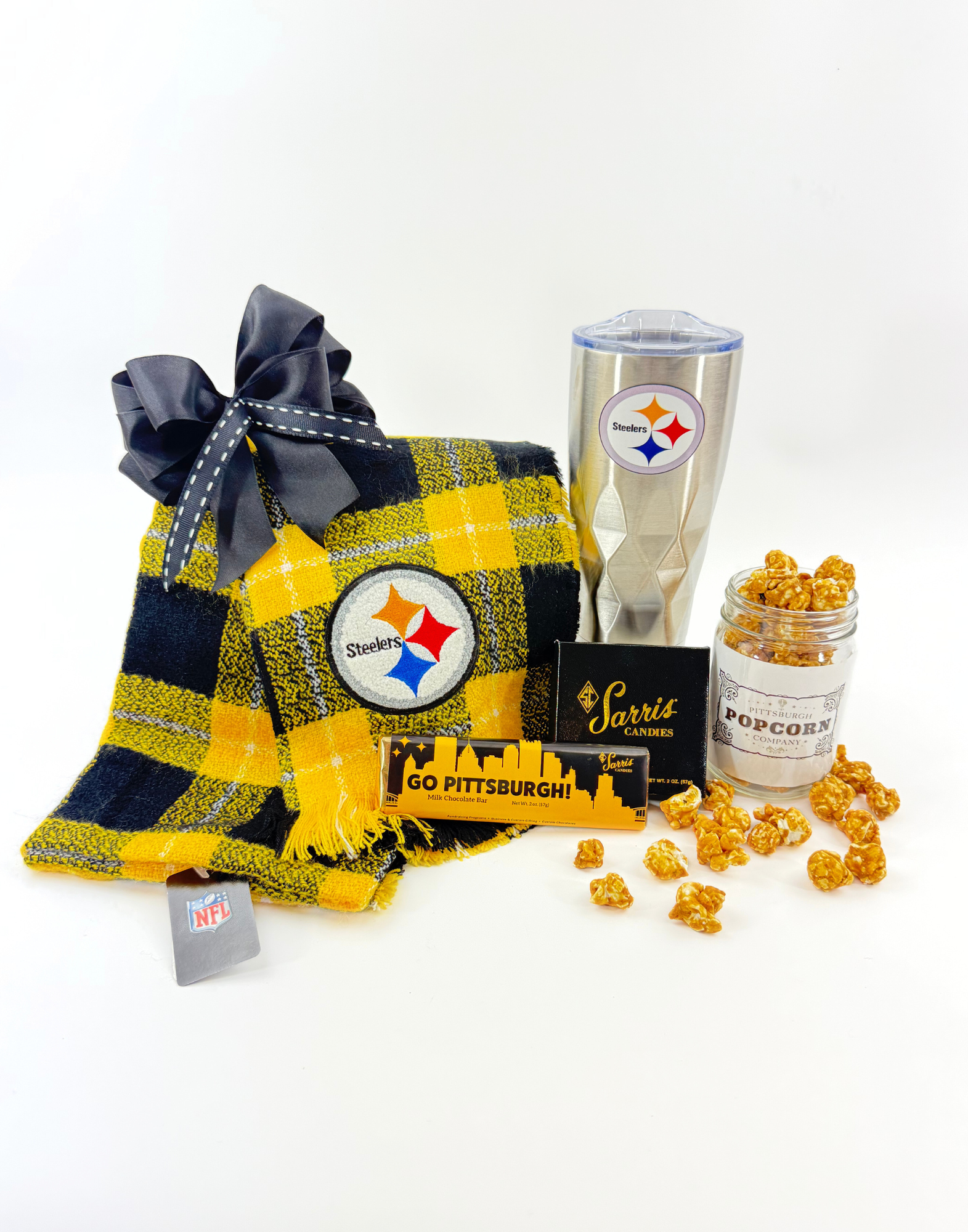 Pitttsburgh Steelers Scarf, Steelers Travel Mug Stainless Steel, Sarris Candy and Pittsburgh Popcorn