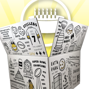 PGH-BOX is an exclusive gift design by Basket of Pittsburgh. It contains all of the best local favorites in the area. Represented by all of Pittsburgh's favorite brands from Sarris, Betsy Ann Chocolates, UTZ, Snyders, Mediterra Bakehouse, Eat n Park and many more!