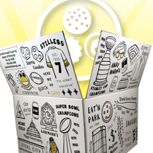 PGH-BOX is an exclusive gift design by Basket of Pittsburgh. It contains all of the best local favorites in the area. Represented by all of Pittsburgh's favorite brands from Sarris, Betsy Ann Chocolates, UTZ, Snyders, Mediterra Bakehouse, Eat n Park and many more!