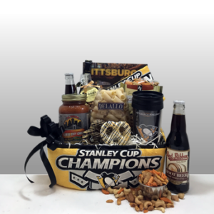 The best Pittsburgh Penguins gifts in Pittsburgh. Hockey fans love the Basket of Pittsburgh gifts. It's a hockey night is Pittsburgh is a fan favorite full of Pittsburgh favorite brands like Natrona Bottling, Appleicious, George Howe Nuts, Sarris Candy, Mediterra Baked Goods, Rally Towels, Travel Mugs and much more! Basket of Pittsburgh offers full size products - no fancy packaging tricks! Local delivery by a Basket of pittsburgh driver or shipped anywhere in the United States by UPS.
