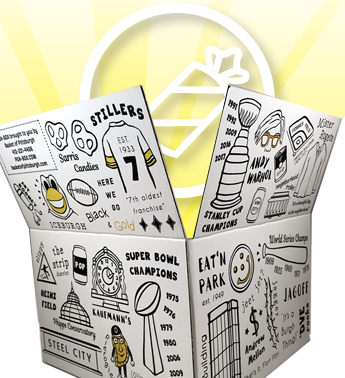PGH-BOX is an exclusive gift design by Basket of Pittsburgh. It contains all of the best local favorites in the area. Represented by all of Pittsburgh's favorite brands from Sarris, Betsy Ann Chocolates, UTZ, Snyders, Mediterra Bakehouse, Eat n Park and many more!