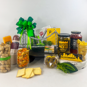 This gift is a nod to the pickle obsession in Pittsburgh. It contains everything pickle - potato chips, spicy shelled peanuts, chapstick, pickles, pins, etc.